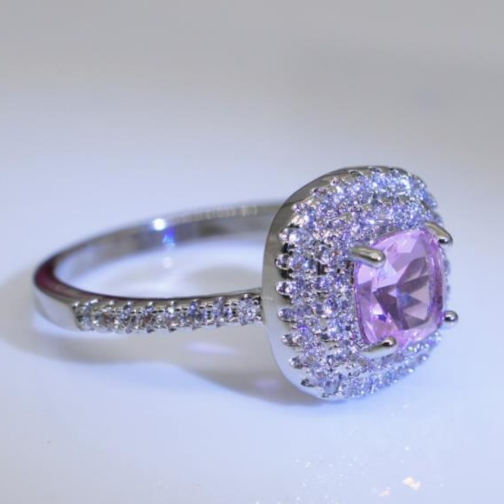 NEW Silver Pink Sapphire Double Halo Diamond Ring - Picture 4 of 4